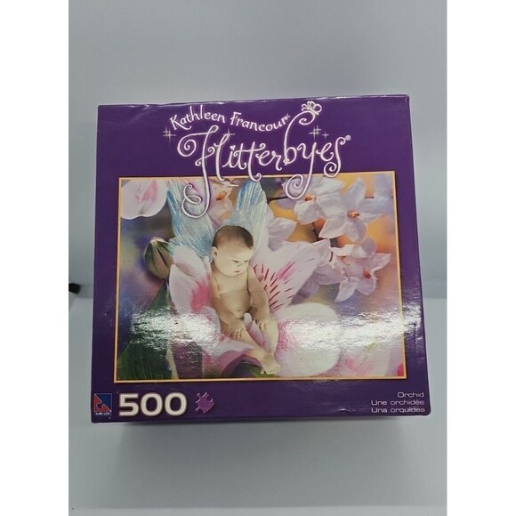 500 Piece Puzzle Flitterbyes Happy Hollyhocks Baby Fairy Kathleen Francour *New - Picture 1 of 9